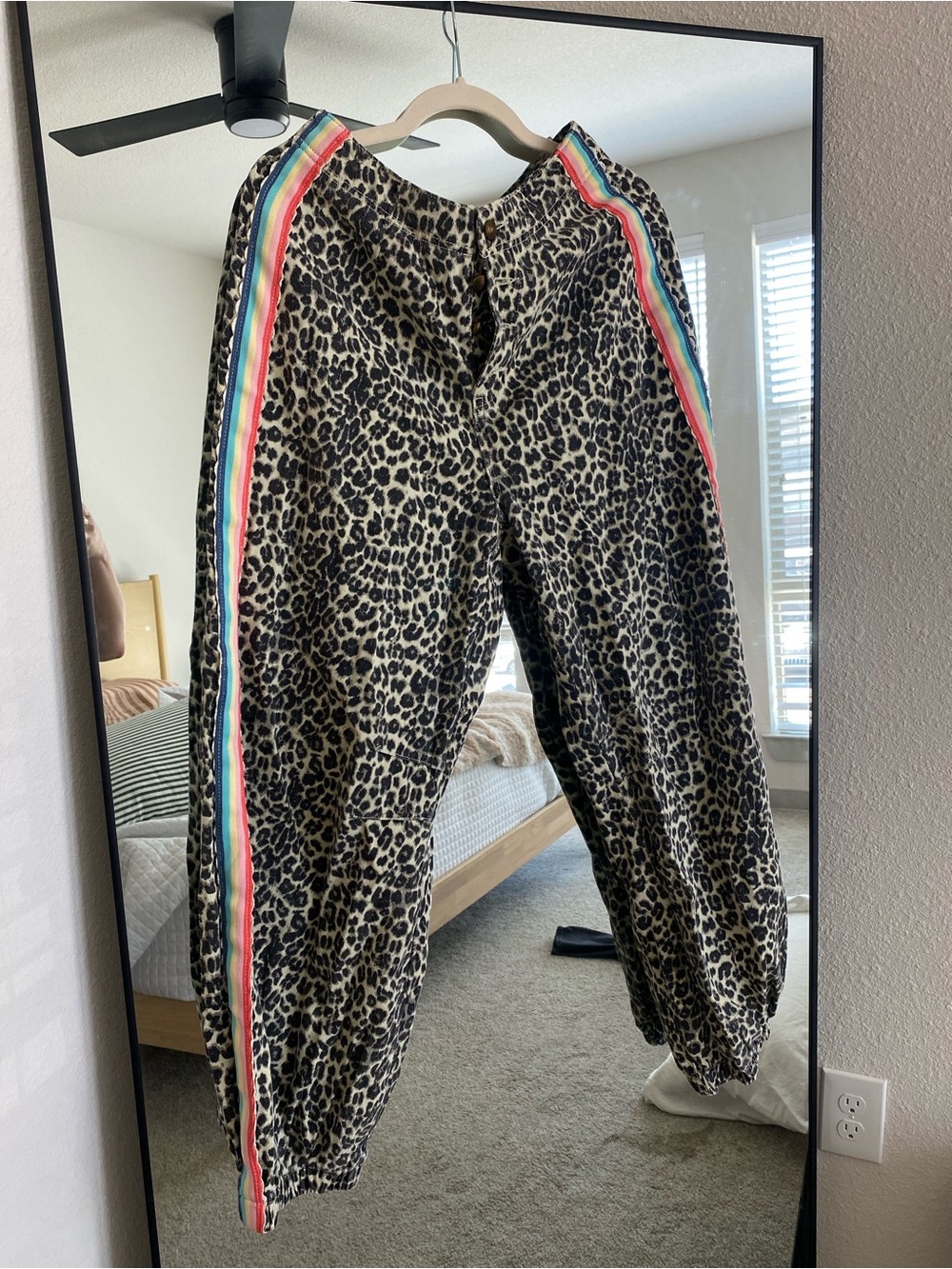 POL Leopard Print Barrel Track Pants with Rainbow Side Stripes